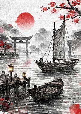 Japanese Watercolor Landscape with Boats and Torii Gate