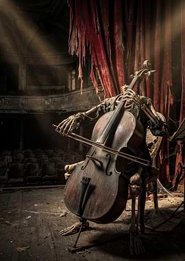 Skeleton Cellist in Abandoned Theater