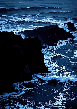 Dark Ocean Waves Crashing on Rocks