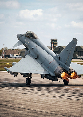 Fighter jet taking off with afterburners