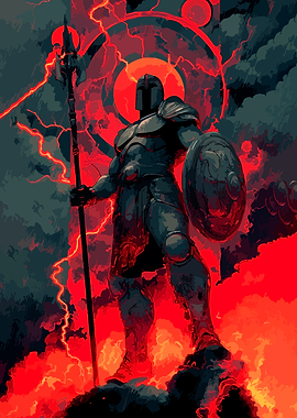 Warrior in Fiery Landscape