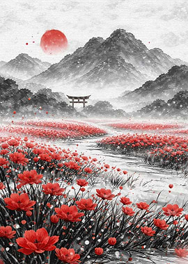 Red Poppies Field with Torii Gate