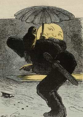 Surreal figure with owl under umbrella