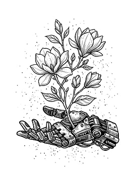Robot Hand Holding Blooming Flowers