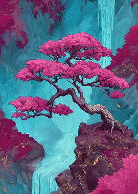 Enchanted Bonsai Tree by Waterfall
