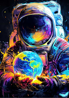 Astronaut holding Earth in vibrant colors
