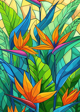 Vibrant Bird of Paradise Flowers and Leaves