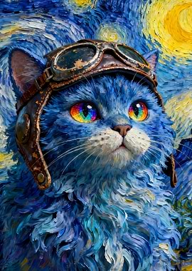 Blue Cat Pilot in Starry Night Sky