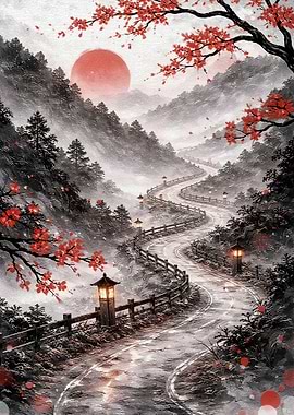 Misty Mountain Road with Cherry Blossoms