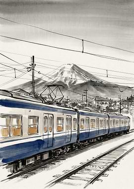 Train with Mount Fuji in Background