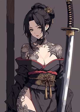 Tattooed Woman in Kimono with Katana