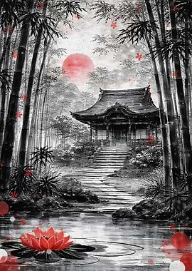 Japanese Temple in Bamboo Forest