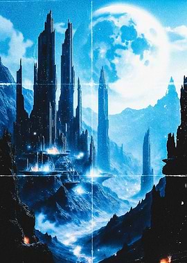 Futuristic Cityscape Under a Giant Moon