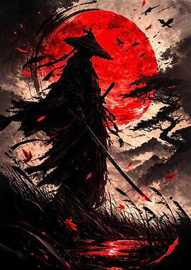 Samurai Warrior Under a Red Moon