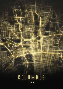 Columbus, Ohio - Illuminated City Streets Map, USA Wall Art