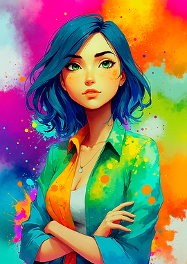 Anime girl with blue hair and colorful background
