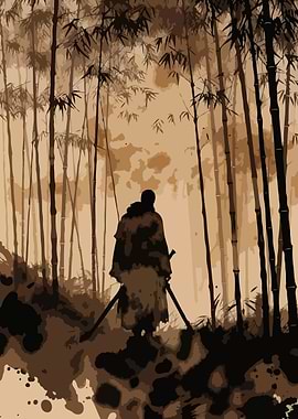 Samurai in Bamboo Forest Dark Ink