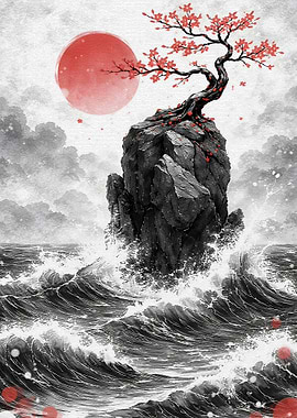 Bonsai Tree on Rock in Stormy Seas