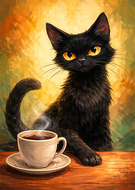 Black Cat with Coffee