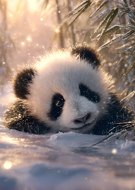 Cute Panda in Snowy Bamboo Forest