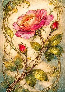 Art Nouveau Rose and Buds
