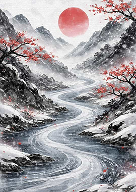 Winter Mountain River with Cherry Blossoms