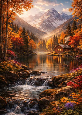 Autumn Mountain Cabin by the Lake