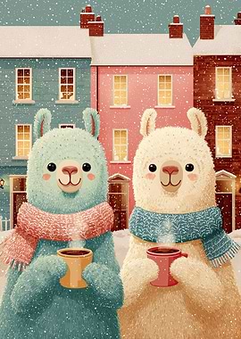 Cute Winter Alpacas Enjoying Hot Drinks in Snow