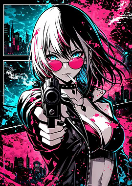 Anime Girl with Gun and Cigarette