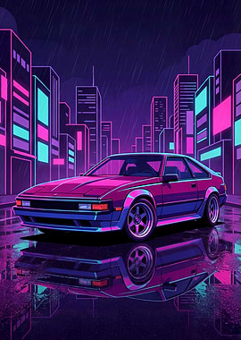 Retro Car in Neon Cityscape