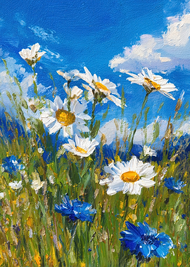 Oil Painting of Daisies and Cornflowers