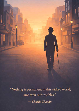 Charlie Chaplin quote in a city sunset