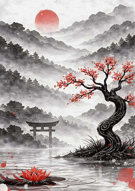 Japanese Landscape with Cherry Blossoms