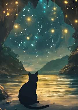 Black Cat Gazing at Starry Cave