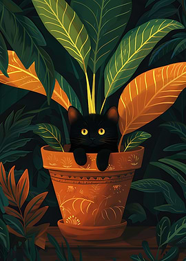 Black Cat in a Potted Plant
