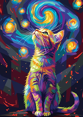 Colorful Cat Looking at Starry Sky