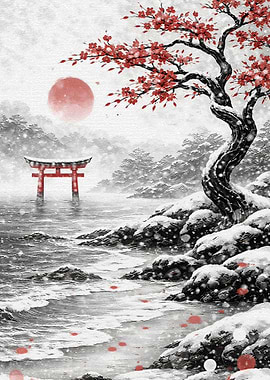 Winter Torii Gate and Cherry Blossoms