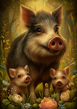 Boar Family in a Forest