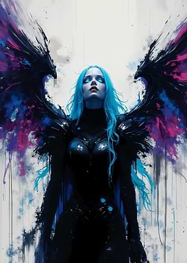 Angel with Blue Hair and Black Wings