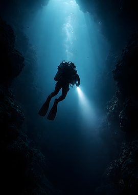 Scuba diver exploring underwater cave