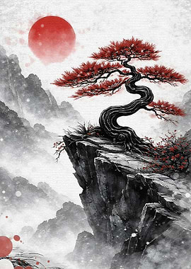 Bonsai Tree on Cliff with Red Sun