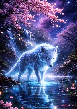 Glowing Wolf by Waterfall