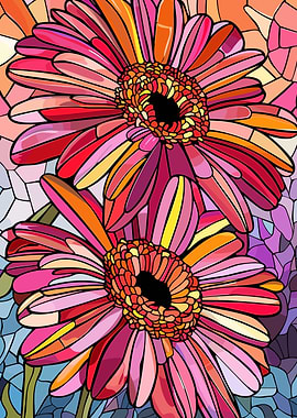Vibrant Gerbera Daisies in Stained Glass Style