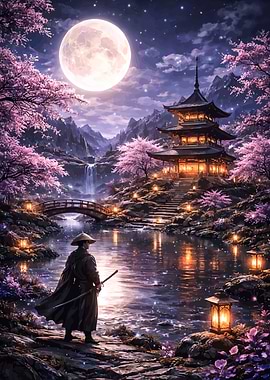 Samurai by Moonlit Pagoda