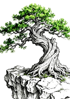 Twisted Bonsai Tree on Rocks