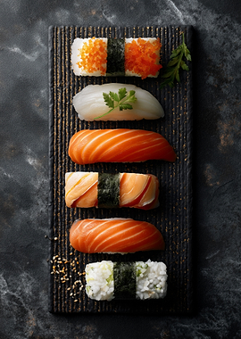 Assortment of Sushi on a Dark Platter