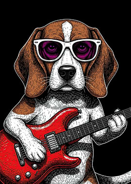 Beagle playing electric guitar