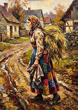 Woman Carrying Hay Village Painting