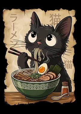 Cute Black Cat Eating Ramen Food