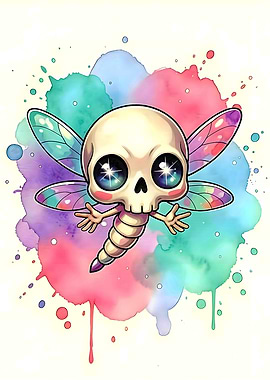Cute Skull Dragonfly with Watercolor Background